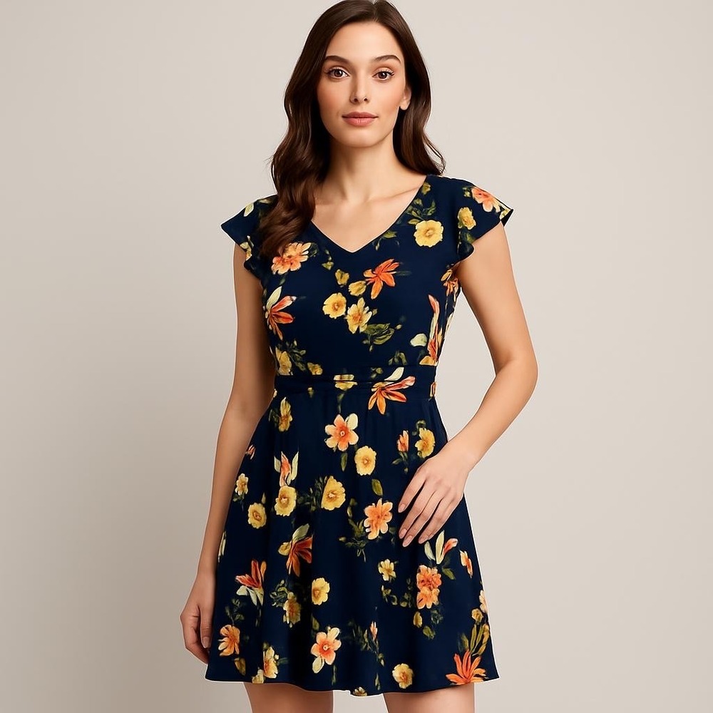 Ann Taylor Floral Print Navy Blue V Neck Fit and Flare Casual Summer Dress Large